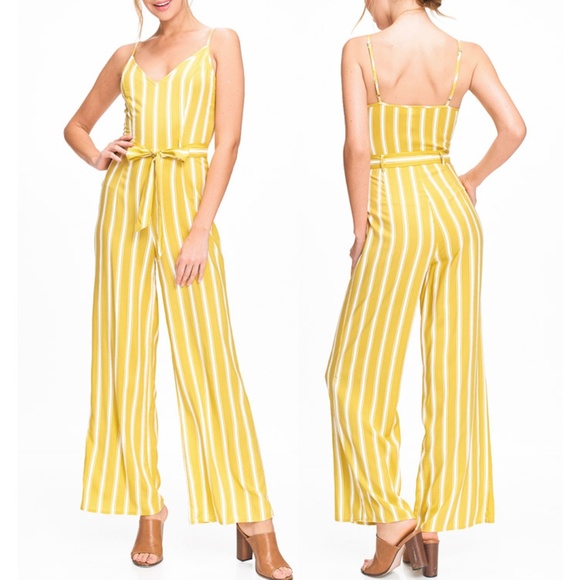 Forever 21 Dresses & Skirts - Yellow Cream Striped Wide Leg Cami V Neck Jumpsuit